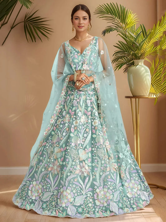 Pastels Embroidered Net Designer Lehenga Choli With Dupatta