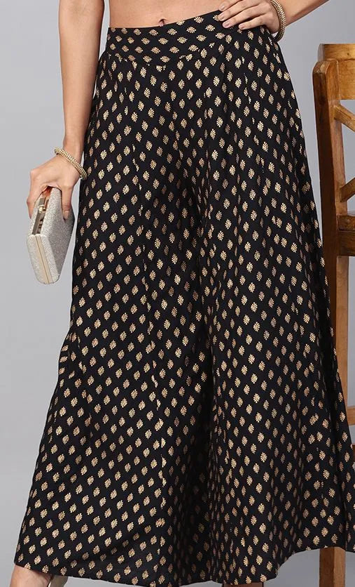 Black Ethnic Motif Printed Rayon Flared Women Palazzo With One Pocket
