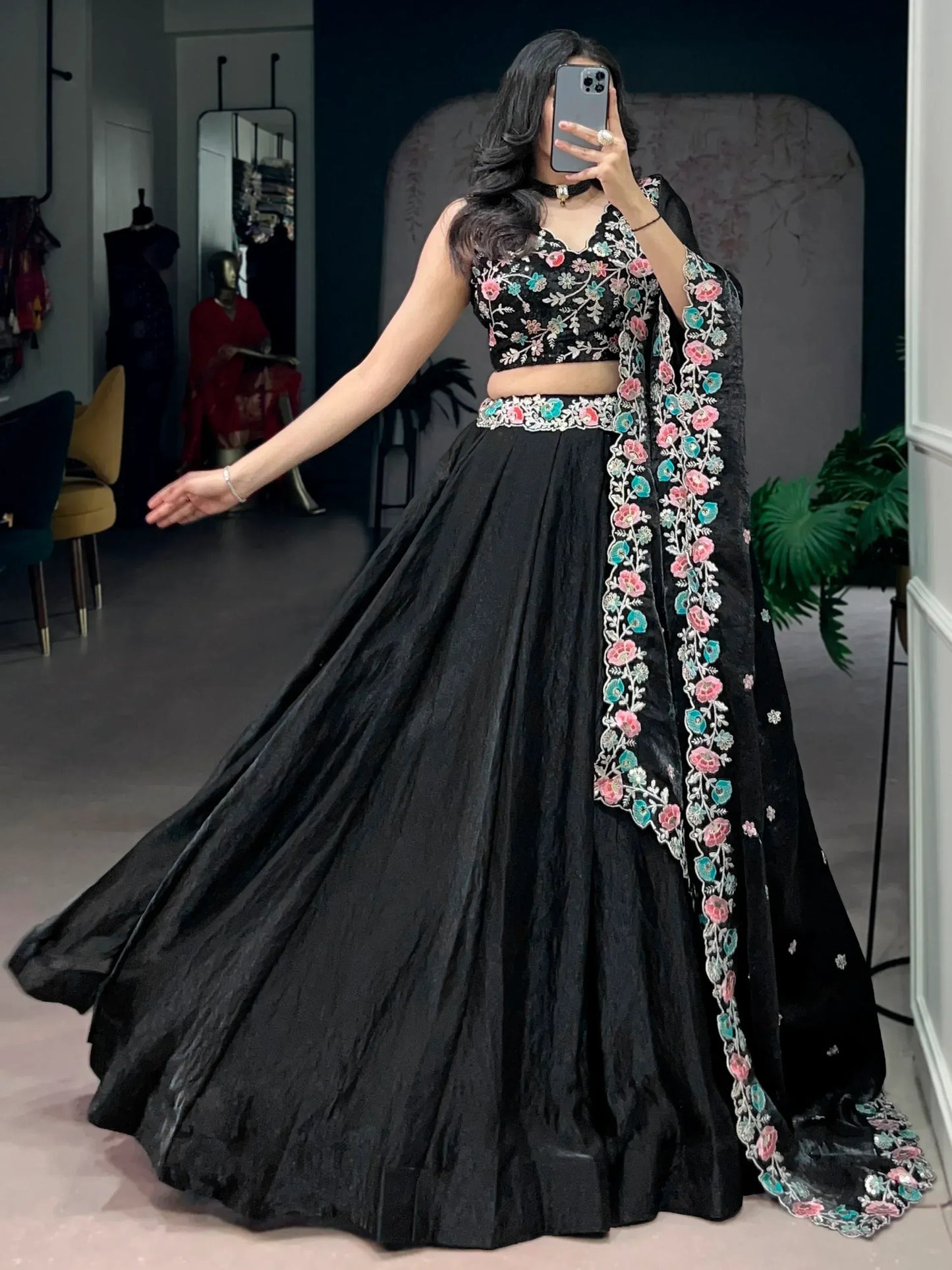 Graceful Black Embroidered Organza Party Wear Lehenga Choli