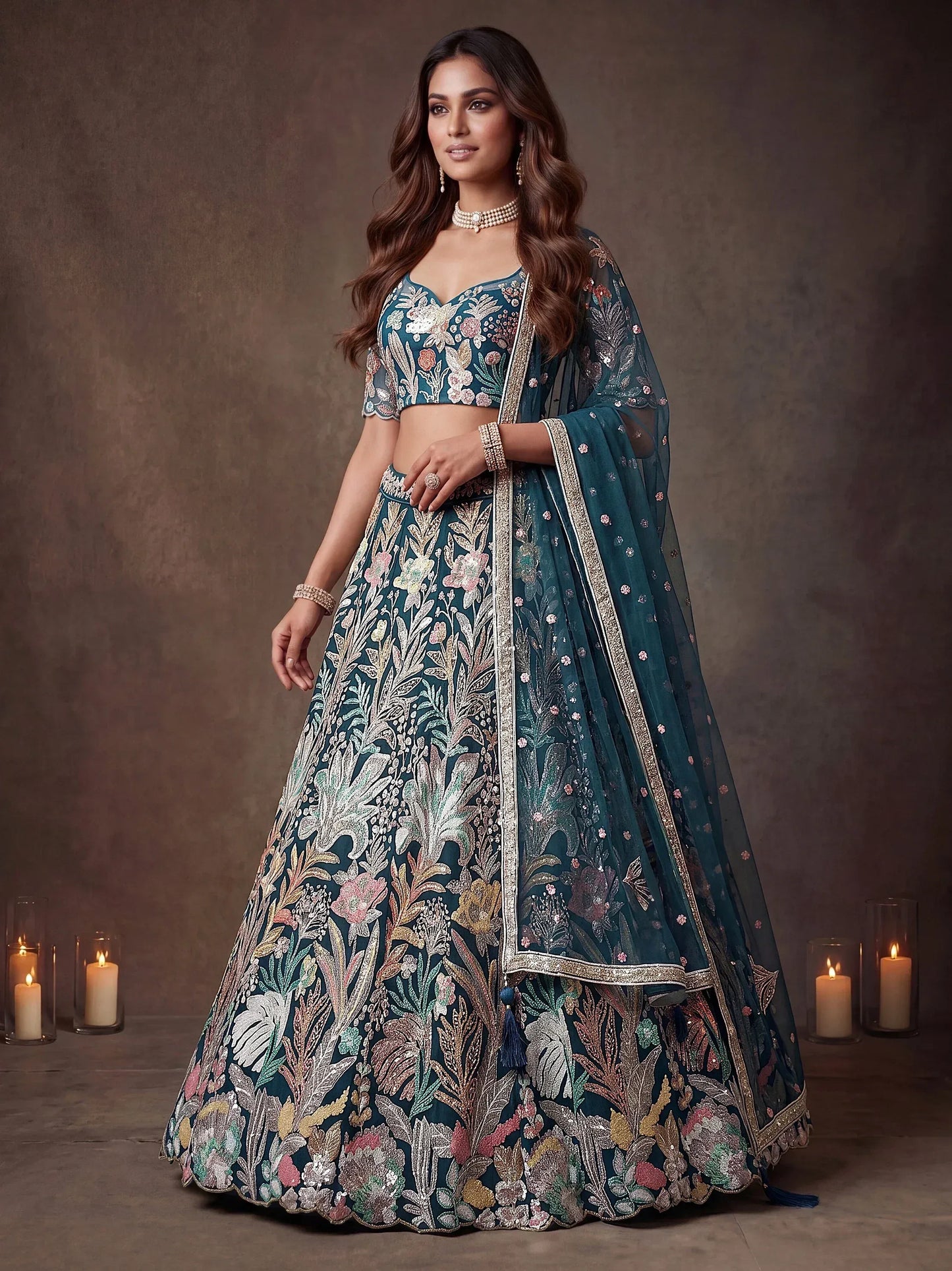 Sequins Net Engagement wear Lehenga Choli with Dupatta- Wine & Navy