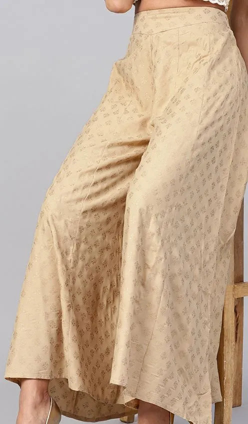 Gold Ethnic Motif Printed Rayon Flared Women Palazzo With One Pocket