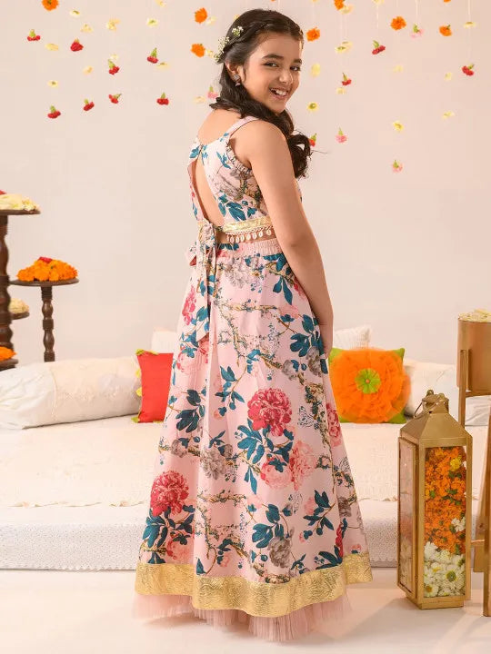 Girls Beige Ethnic Floral Printed Dupion Panelled Lehenga & Choli With Dupatta