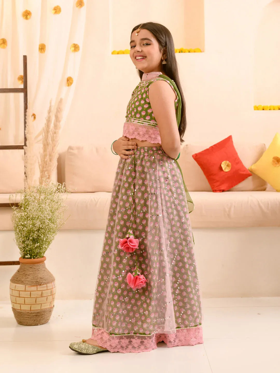Girls Olive-Green Ethnic Booti Printed Cotton Circular Lehenga & Choli With Dupatta