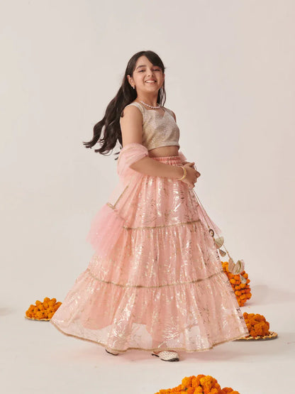 Girls Peach Ethnic Foil Print Shimmer Lurex Circular Lehenga & Choli With Dupatta