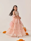 Girls Peach Ethnic Foil Print Shimmer Lurex Circular Lehenga & Choli With Dupatta