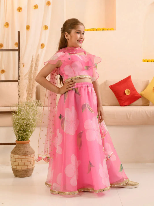 Girls Pink Ethnic Foil Print Organza Circular Lehenga & Choli With Dupatta