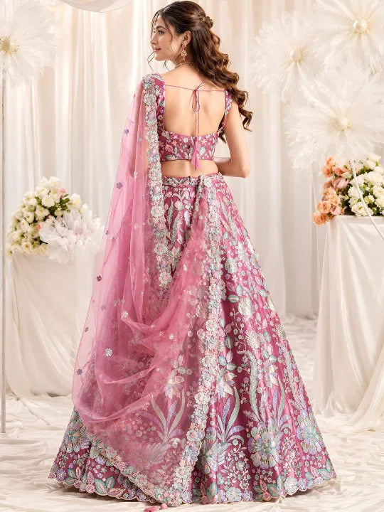 Embroidered Pink Sequined Semi-Stitched Lehenga & Unstitched Blouse With Dupatta