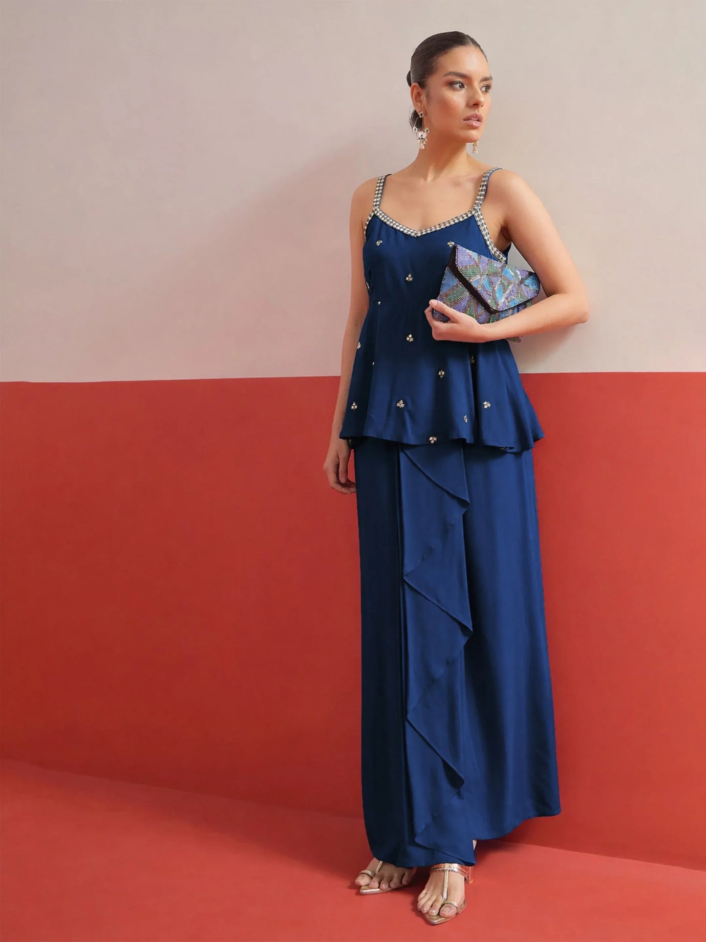 Women Embroidered Strappy Top With Dhoti Skirt