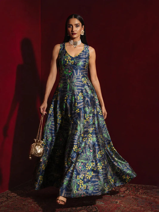 Women Navy Floral Sleeveless Anarkali Maxi Kurta