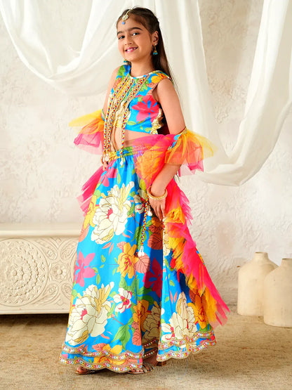 Girls Multi Ethnic Floral Print Satin Circular Lehenga & Choli With Dupatta