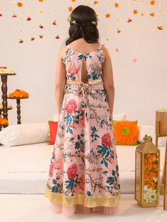 Girls Beige Ethnic Floral Printed Dupion Panelled Lehenga & Choli With Dupatta