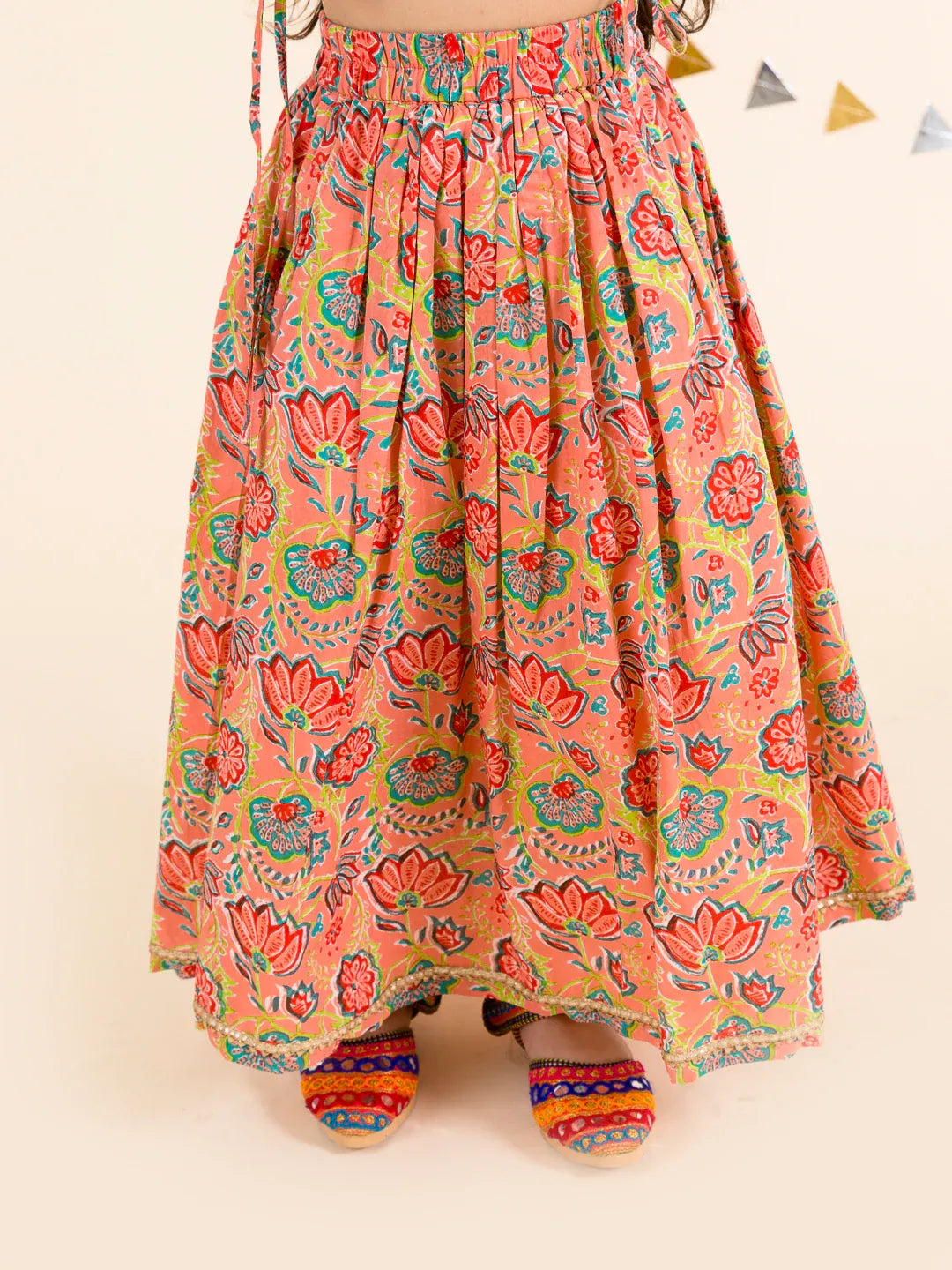Girls Coral Floral Printed Cotton Flared Lehenga With Choli
