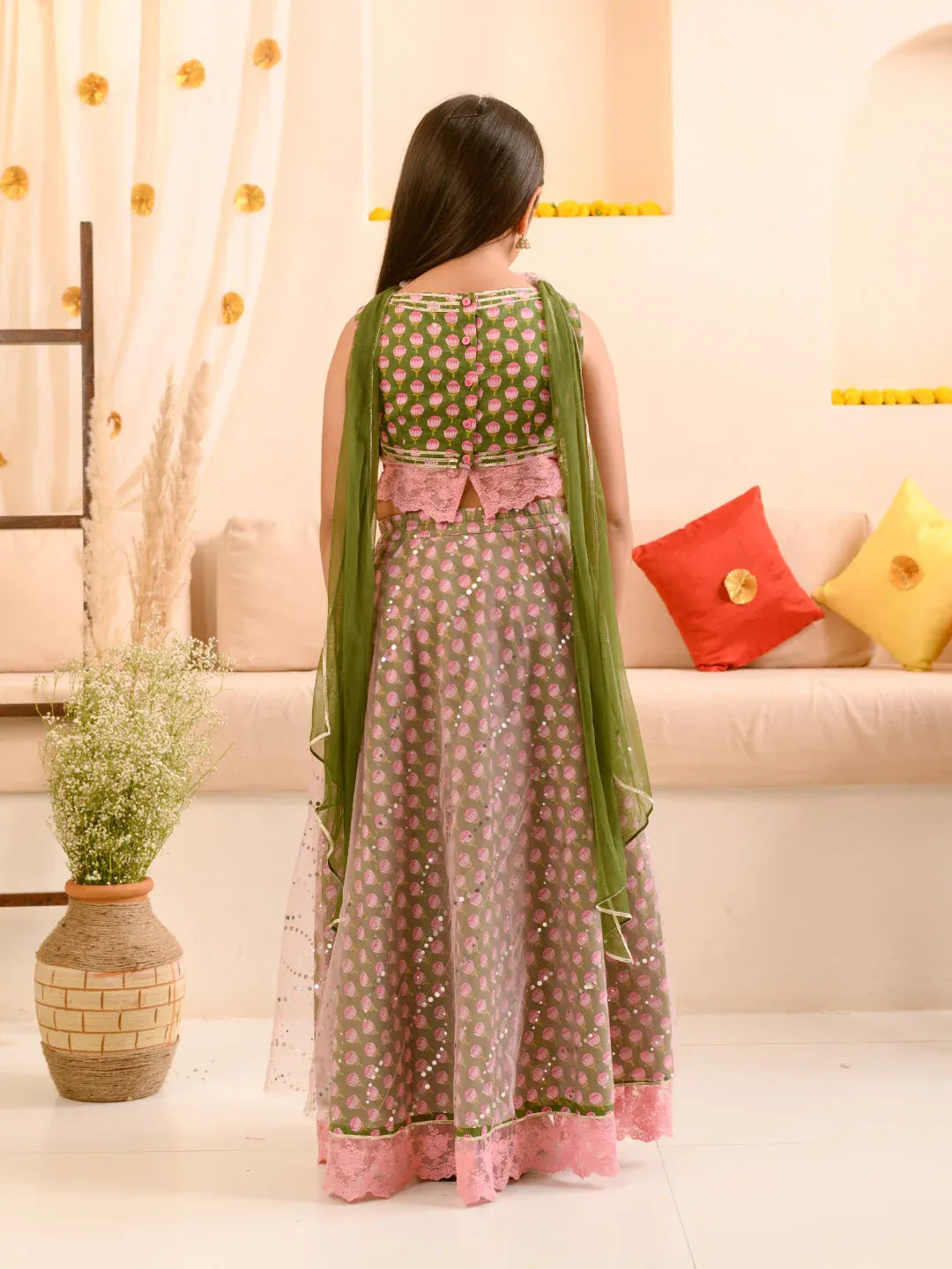 Girls Olive-Green Ethnic Booti Printed Cotton Circular Lehenga & Choli With Dupatta