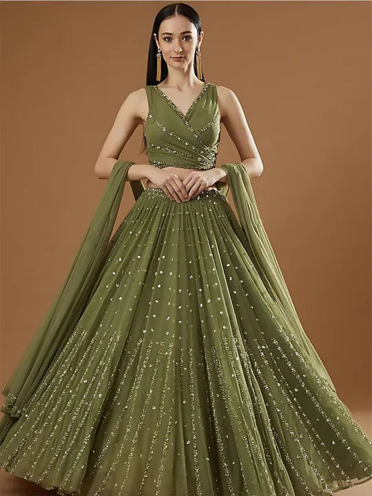 Gorgeous Georgette Lehenga Choli Dupatta Set with Jari Embroidery