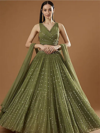 Gorgeous Georgette Lehenga Choli Dupatta Set with Jari Embroidery