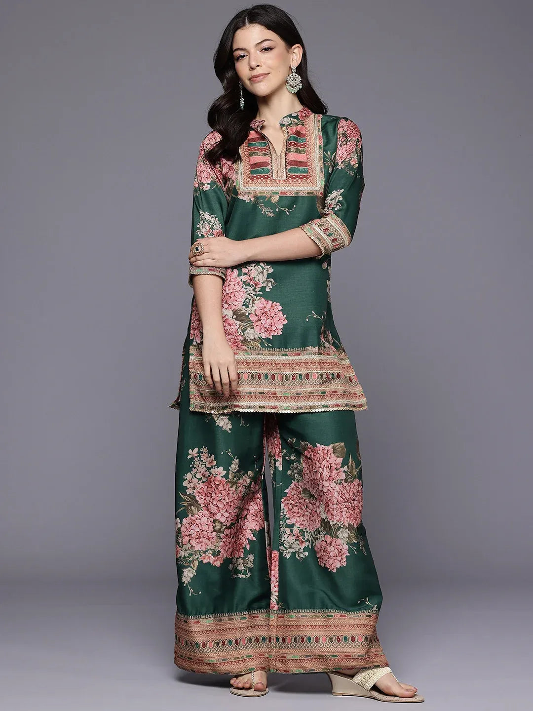 Printed Mandarin Collar Tunic with Palazzos