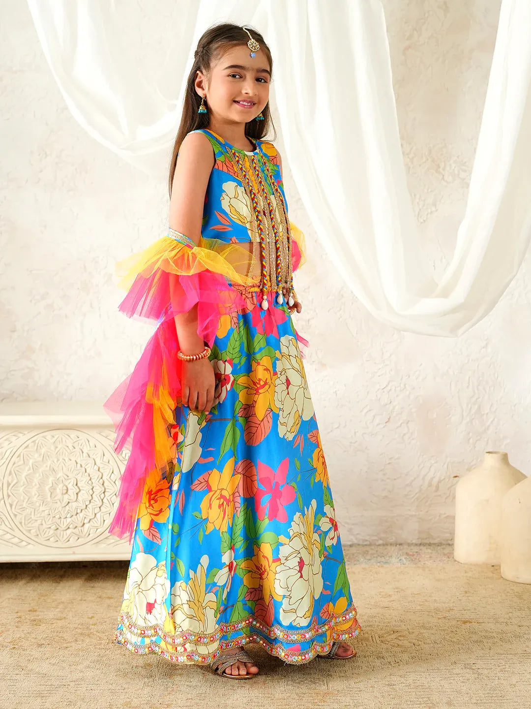 Girls Multi Ethnic Floral Print Satin Circular Lehenga & Choli With Dupatta