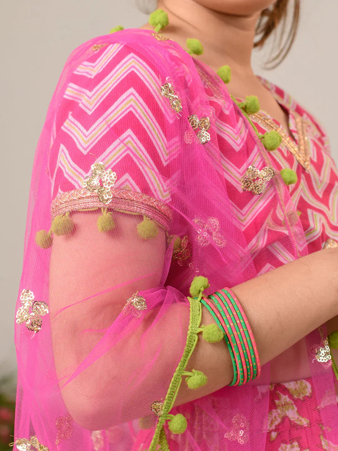 Girls Magenta Ethnic Floral Print Cotton Panelled Lehenga & Choli With Dupatta