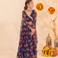 Girls Navy-Blue Ethnic Floral Print Georgette Circular Lehenga & Choli With Dupatta