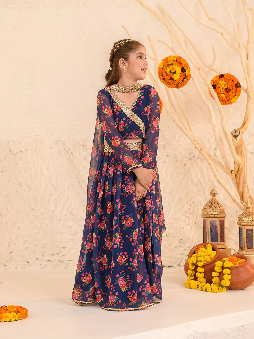 Girls Navy-Blue Ethnic Floral Print Georgette Circular Lehenga & Choli With Dupatta
