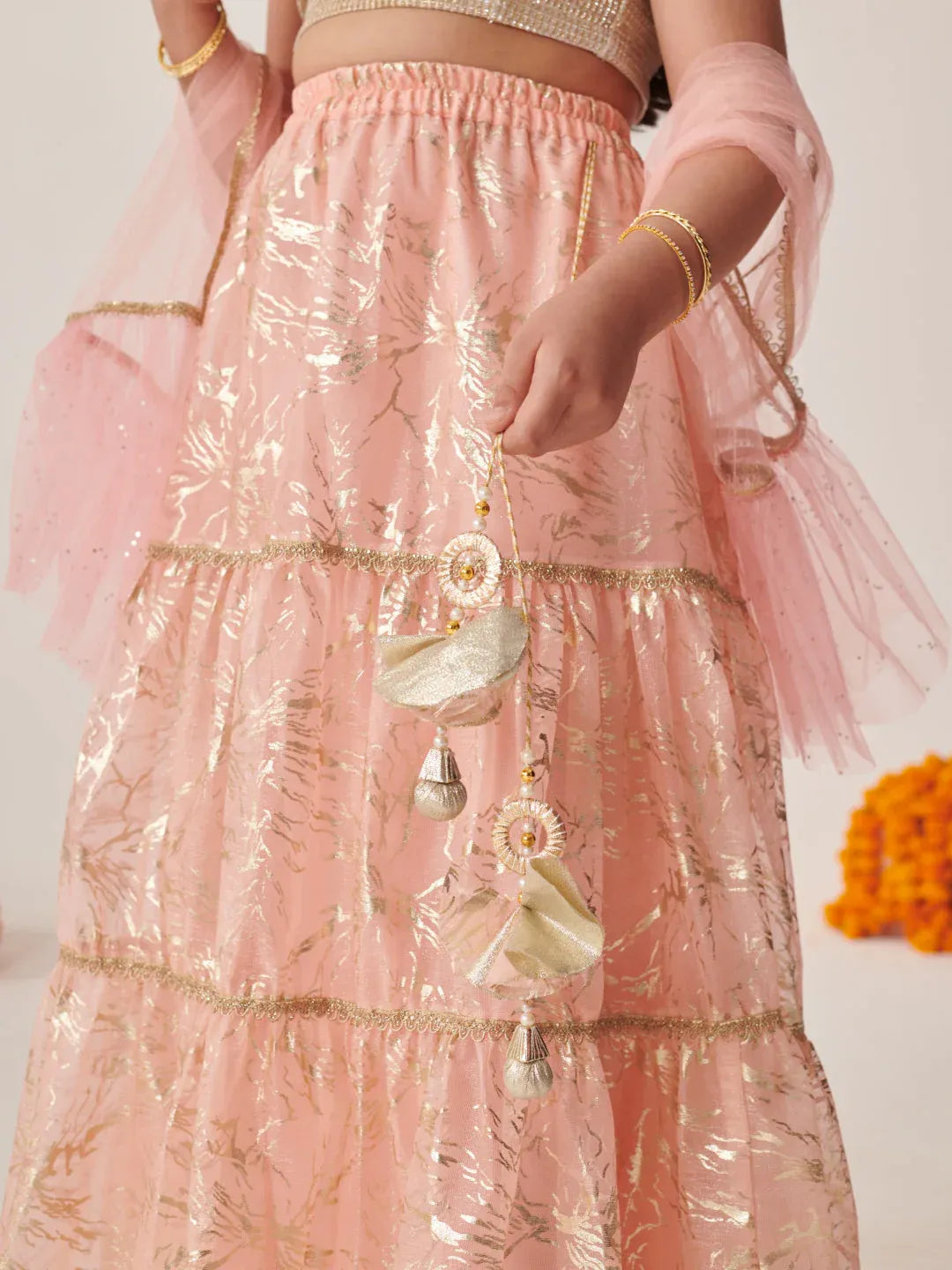 Girls Peach Ethnic Foil Print Shimmer Lurex Circular Lehenga & Choli With Dupatta