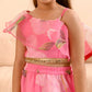 Girls Pink Ethnic Foil Print Organza Circular Lehenga & Choli With Dupatta