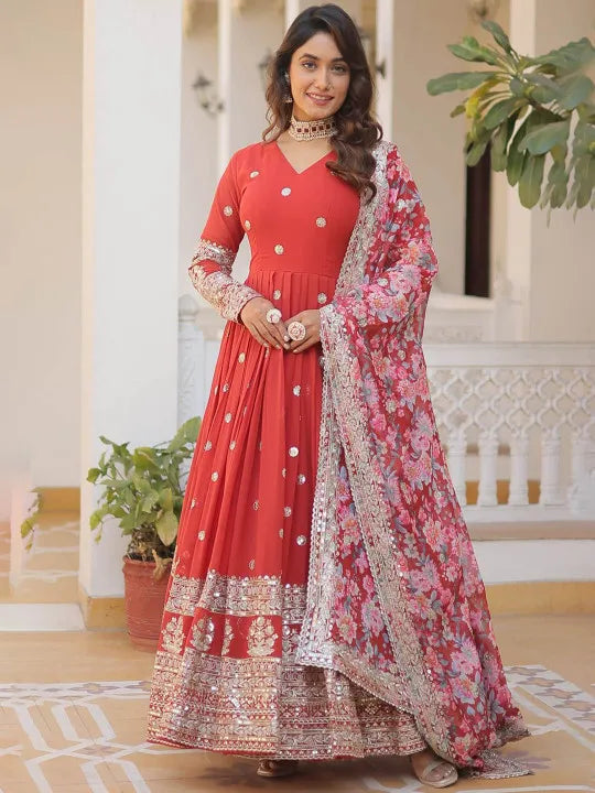 Floral Embroidered Sequined Georgette Anarkali Kurta With Dupatta
