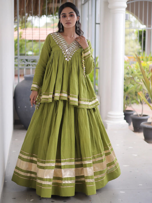 Green Gota-Laced Navratri Wear Lehenga With Peplum Top