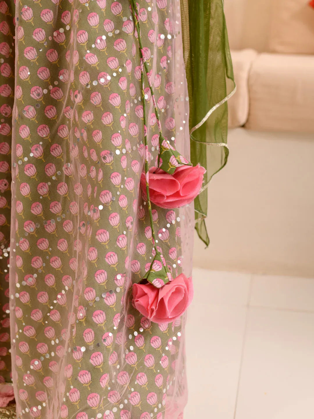 Girls Olive-Green Ethnic Booti Printed Cotton Circular Lehenga & Choli With Dupatta