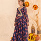 Girls Navy-Blue Ethnic Floral Print Georgette Circular Lehenga & Choli With Dupatta