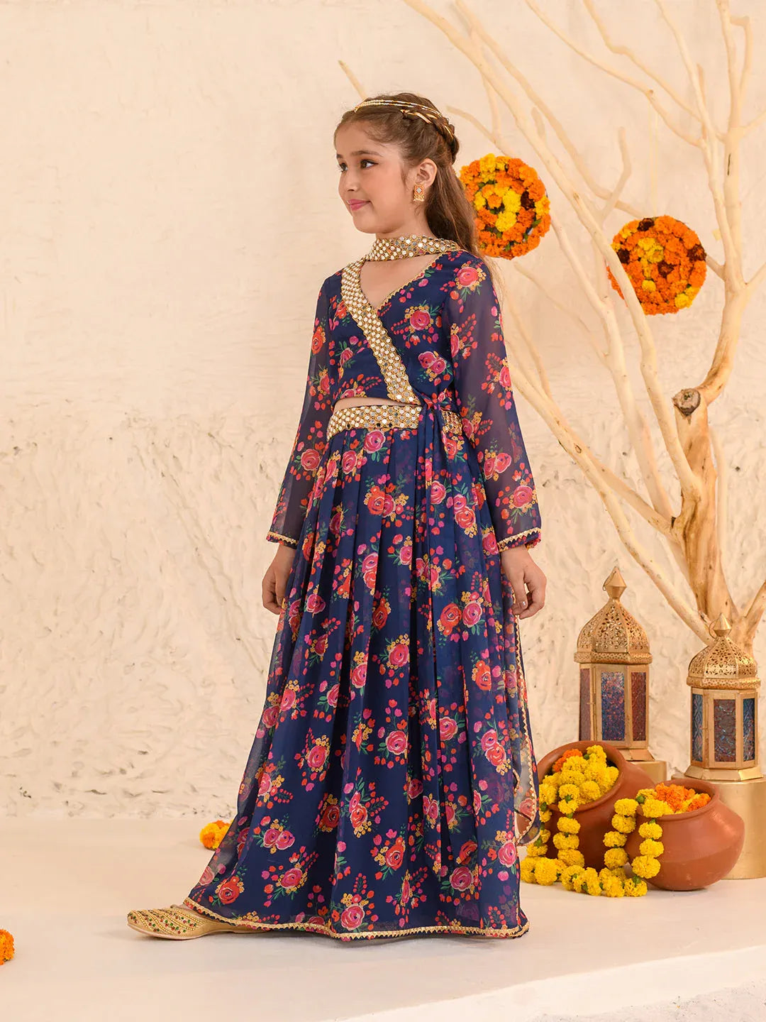 Girls Navy-Blue Ethnic Floral Print Georgette Circular Lehenga & Choli With Dupatta