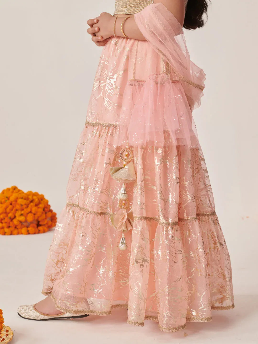 Girls Peach Ethnic Foil Print Shimmer Lurex Circular Lehenga & Choli With Dupatta