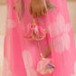 Girls Pink Ethnic Foil Print Organza Circular Lehenga & Choli With Dupatta