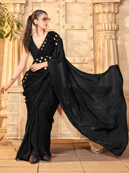 Embellished Sequinned Satin Heavy Work Saree with Embellished Border