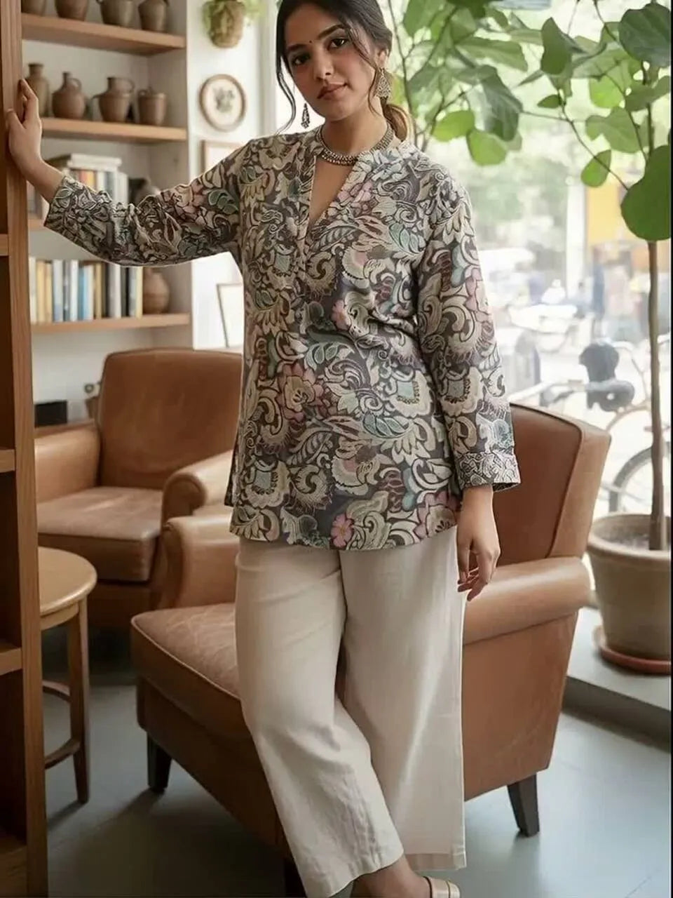 Ethnic Motifs Printed V-Neck Pure Cotton Kurti