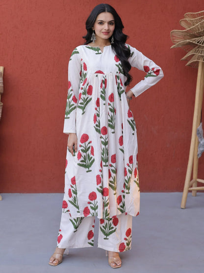 Dazzling Pink Floral Printed Cotton Casual Wear Kurti With Pant