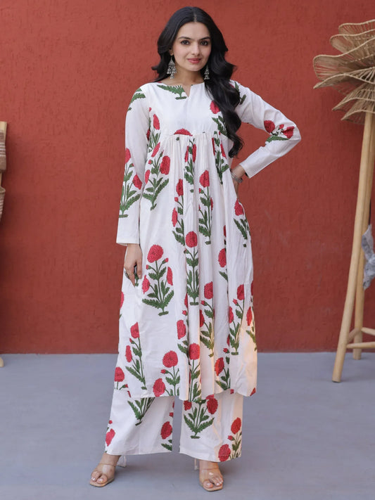 Dazzling Pink Floral Printed Cotton Casual Wear Kurti With Pant