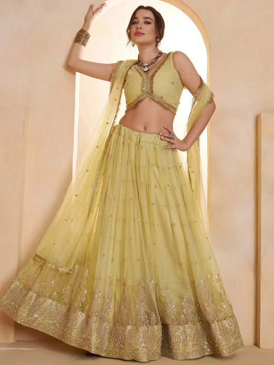 Pastel Sequins Net Embroidered Wedding Wear Lehenga Choli With Dupatta