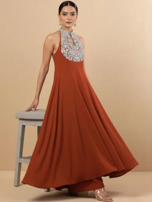 Women Ethnic Motifs Embroidered Panelled Silk Georgette Kurta with Palazzos