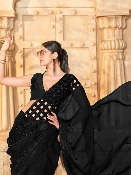 Embellished Sequinned Satin Heavy Work Saree with Embellished Border