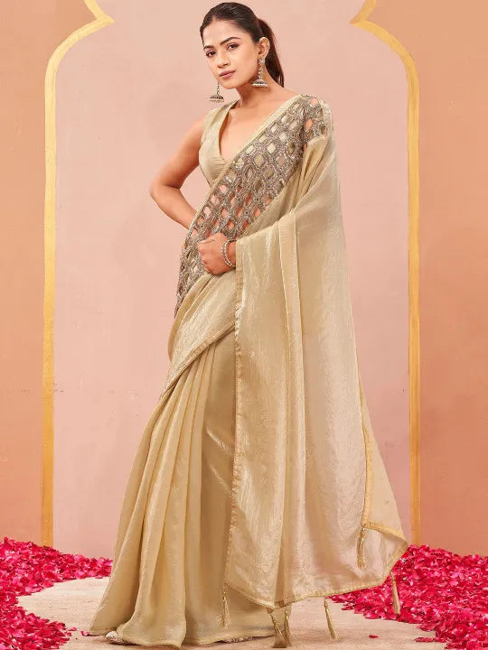 Embellished Sequinned Satin Heavy Work Saree with Embellished Border