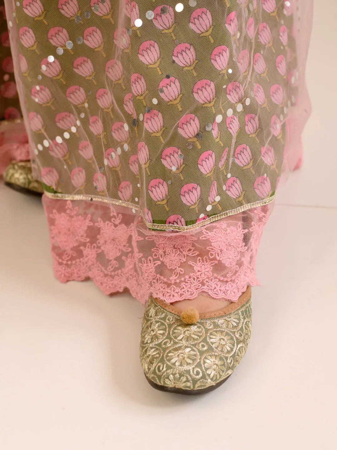 Girls Olive-Green Ethnic Booti Printed Cotton Circular Lehenga & Choli With Dupatta