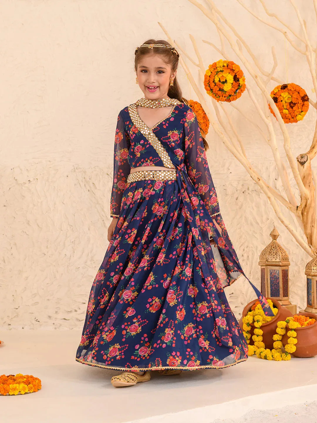 Girls Navy-Blue Ethnic Floral Print Georgette Circular Lehenga & Choli With Dupatta