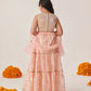 Girls Peach Ethnic Foil Print Shimmer Lurex Circular Lehenga & Choli With Dupatta