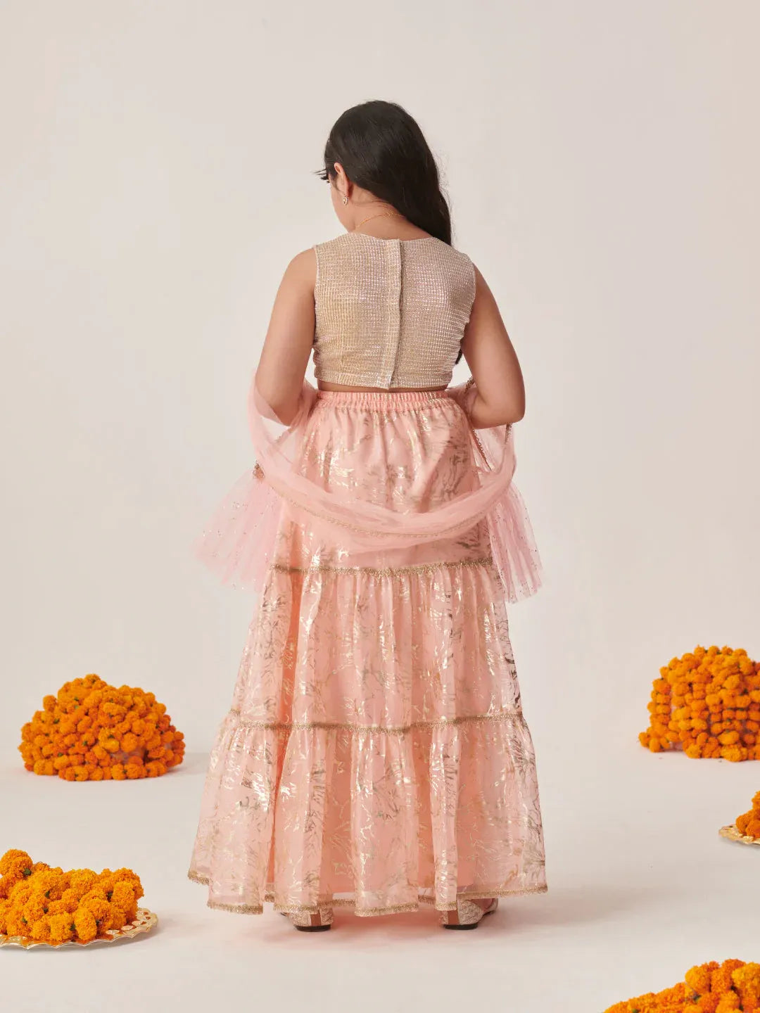 Girls Peach Ethnic Foil Print Shimmer Lurex Circular Lehenga & Choli With Dupatta