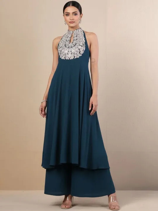 Women Ethnic Motifs Embroidered Panelled Silk Georgette Kurta with Palazzos