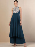 Women Ethnic Motifs Embroidered Panelled Silk Georgette Kurta with Palazzos