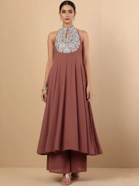 Women Ethnic Motifs Embroidered Panelled Silk Georgette Kurta with Palazzos
