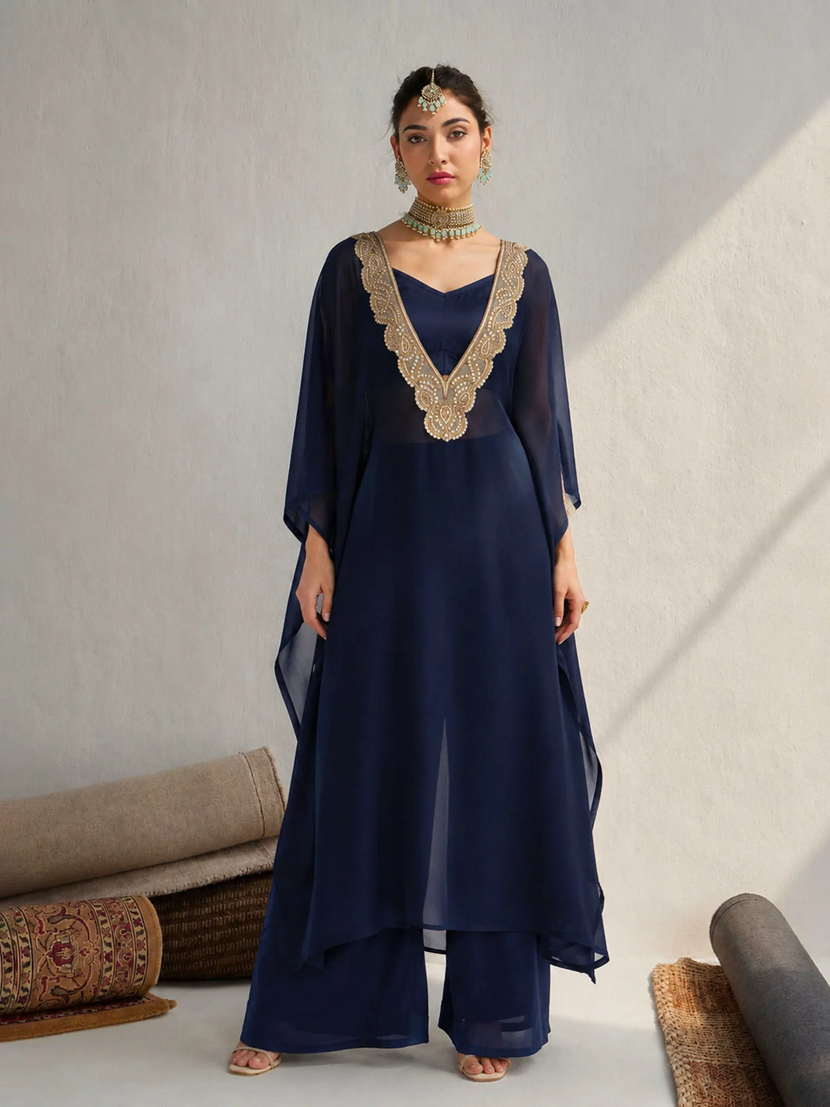 Women Embroidered Kaftan With Cami & Straight Pants