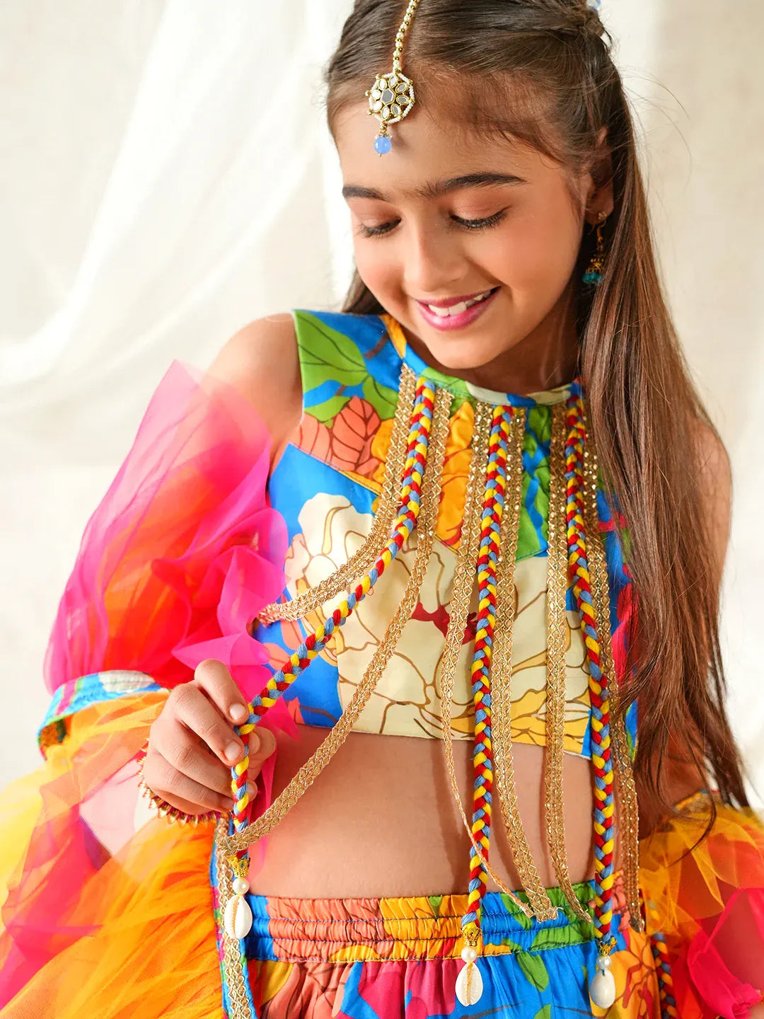 Girls Multi Ethnic Floral Print Satin Circular Lehenga & Choli With Dupatta